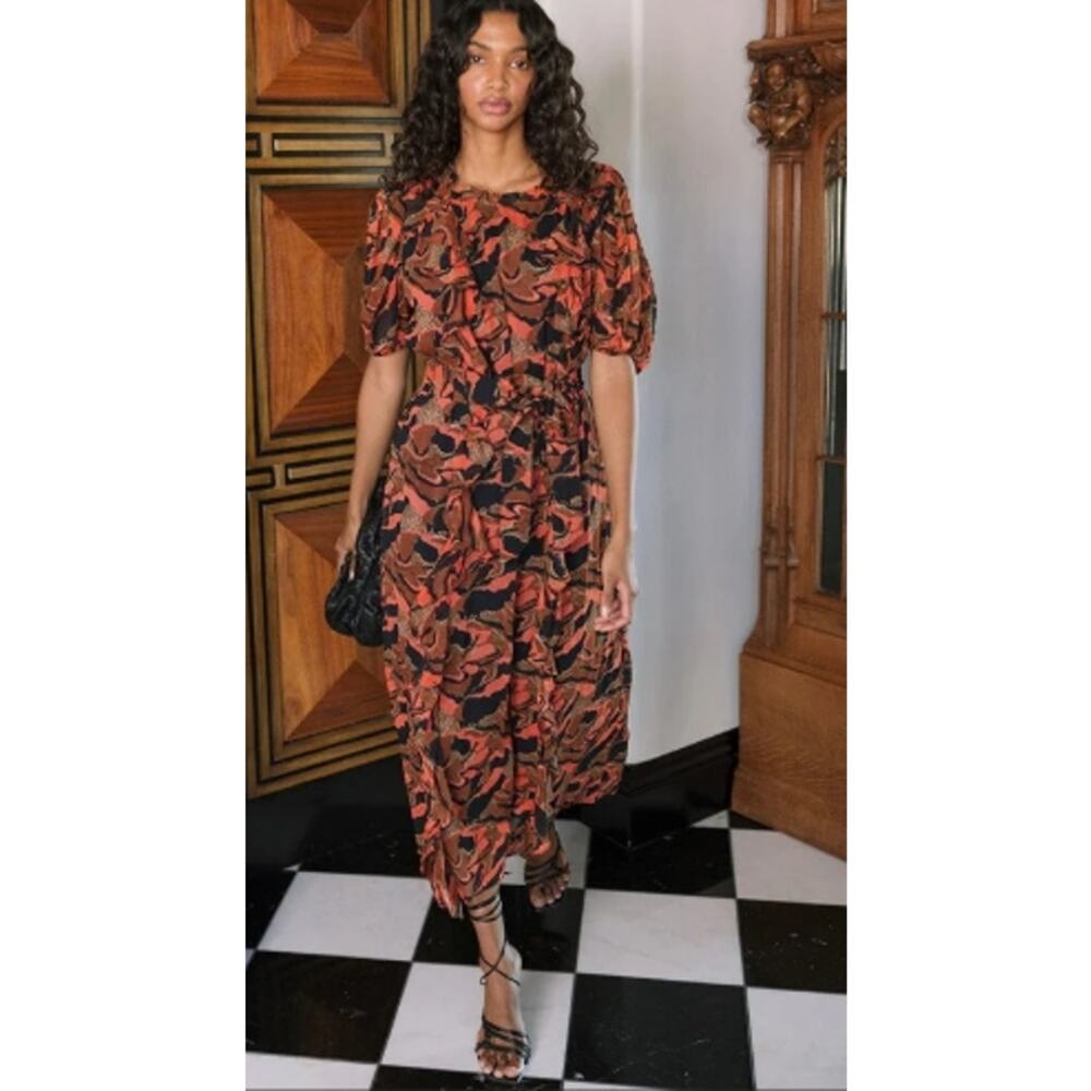 Cleobella Paige Chiffon Abstract Printed Ruffle Midi Dress in Canyon Size xs